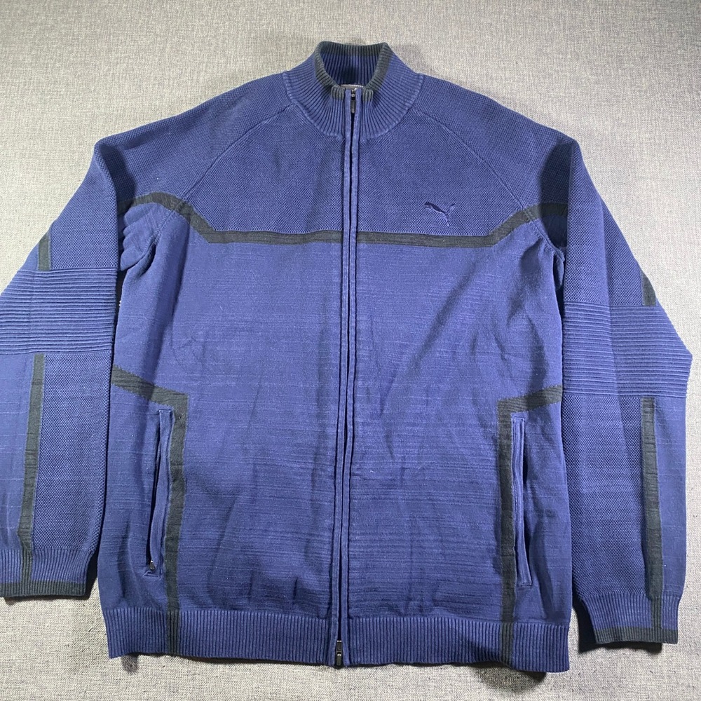 Puma Mens Full Zip Evoknit Jacket Blue Mock Neck Logo Size Large Colorblock
